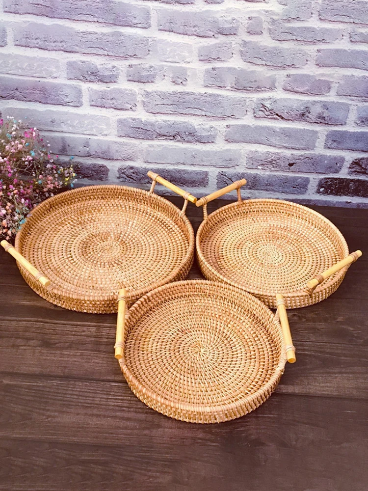 Description Picture 5 of item1PC Rattan Strap Handle Storage Basket Bread Snack Fruit Round Round Tray Picnic Woven Storage Basket