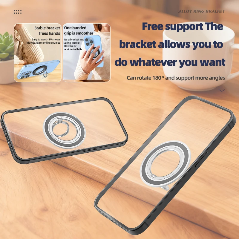 Magnetic Metal Ring Phone Holder with 180° Rotation and Desktop Folding Bracket