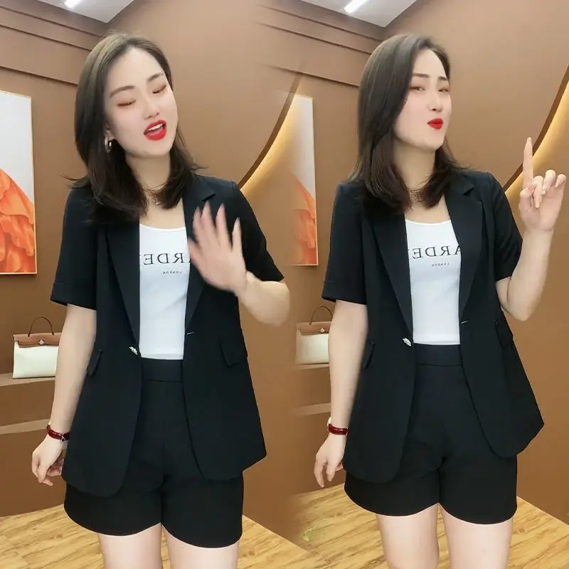 2022 Summer New Elegant Women\'s Shorts Suit Casual Short Sleeve Jacket Blazer Shorts Two Piece Set Office Work Suit Coverall