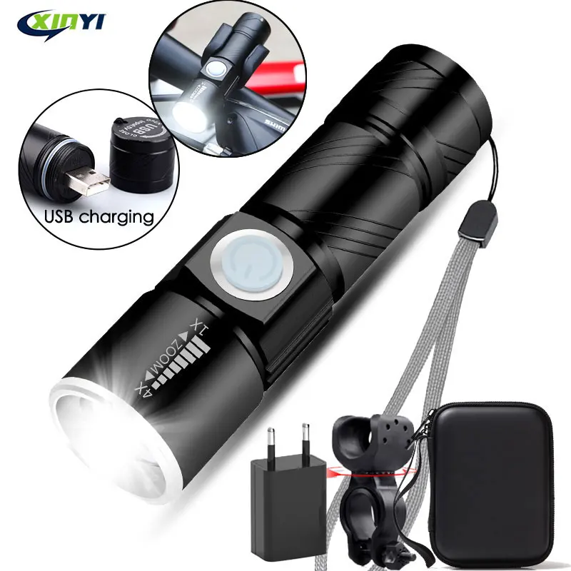 

Mini Portable USB RechargeableLED Flashlight Torch Outdoor Camping LightWaterproof Zoomable Lamp Bicycle 3Mode Handy Flash Light