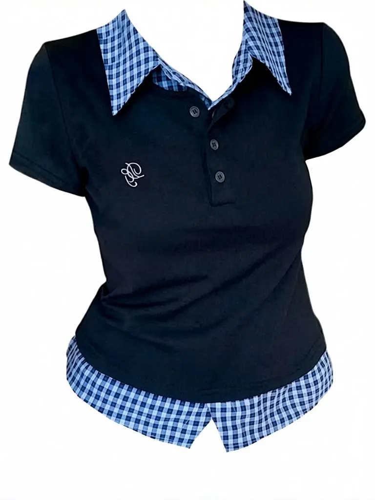 Preppy T-Shirts mit Kragen für Damen, Splicing-Design, kurzärmelige, karierte T-Shirts, schmale Passform, lässige Sommer-Shirts im Fake-Two-Piece-Look