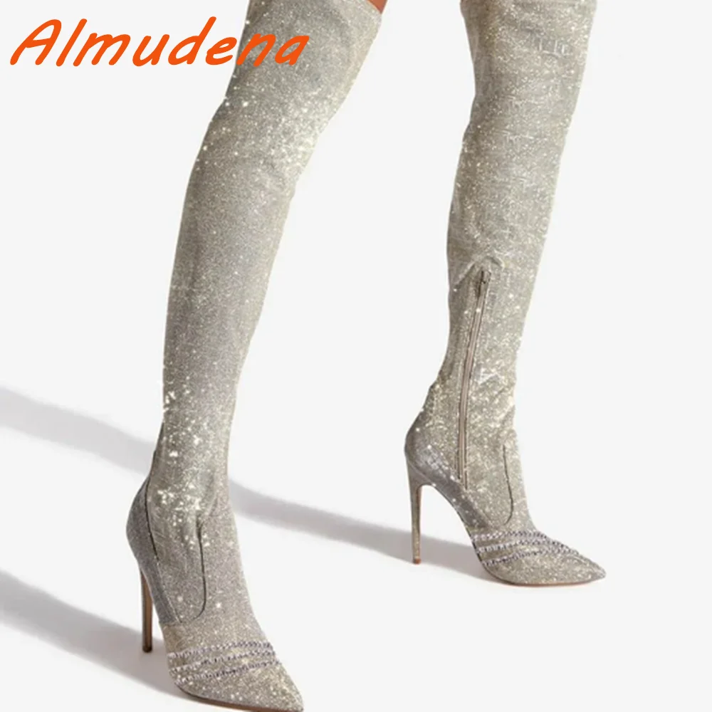 

Shiny Rhinestone Chain Decoration Boots for Women Bling Over The Knee Pointed Toe Sexy High Thin Heels Side Zipper Stretch Boots