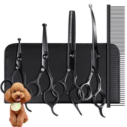Deluxe Pet Grooming Scissors Set - 4 - Piece Stainless Steel Kit with Safety Round Tips (BlackRound 4)
