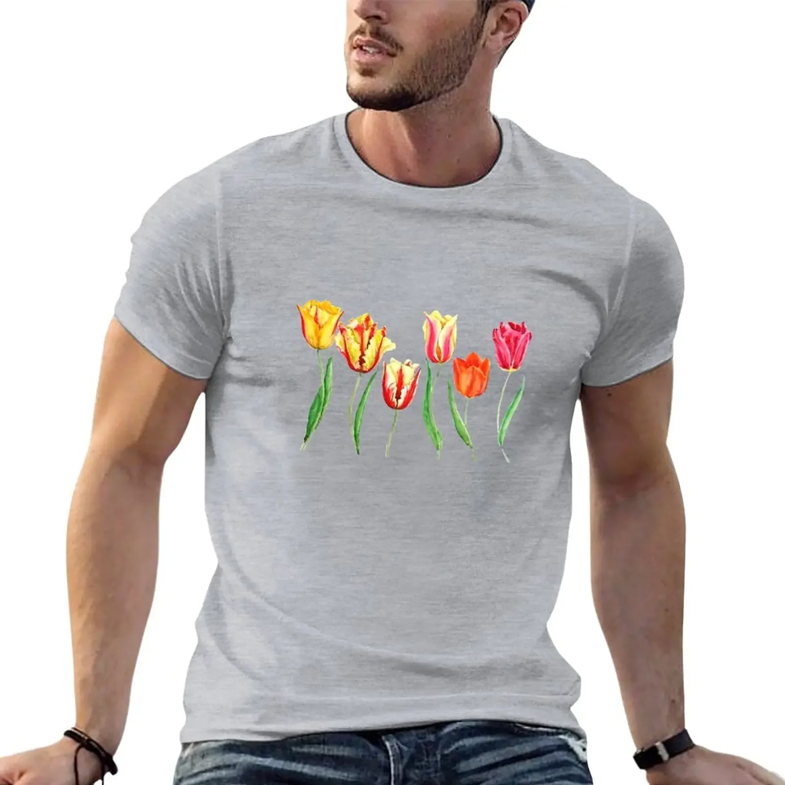 

colorful tulips flower watercolor painting T-Shirt Aesthetic clothing summer top plus size tops fruit of the loom mens t shirts