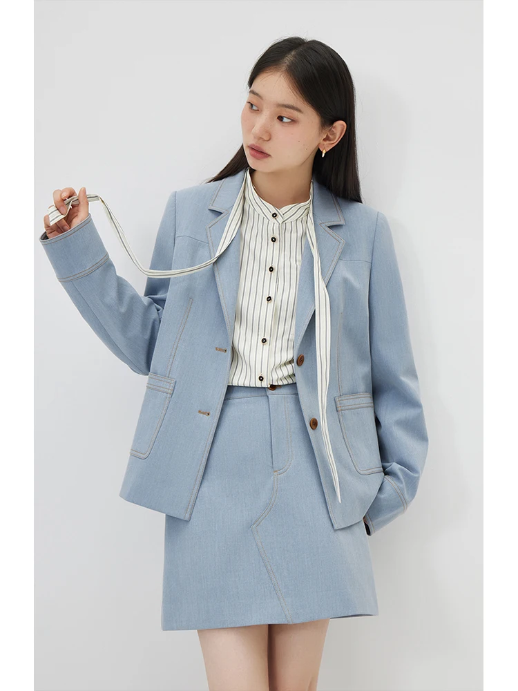 ZIQIAO Light Denim Color Front Shoulder Suit Jackets Notched Collar Single Breasted Office Lady Pocket Design Blazers 24ZQ91122