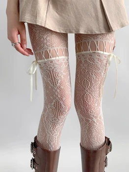 New Design Beige Tights Women Sexy See Through Mesh Sheer Fishnet Stockings JK Uniform Bow Tie Strap Lace Bottoming Pantyhose