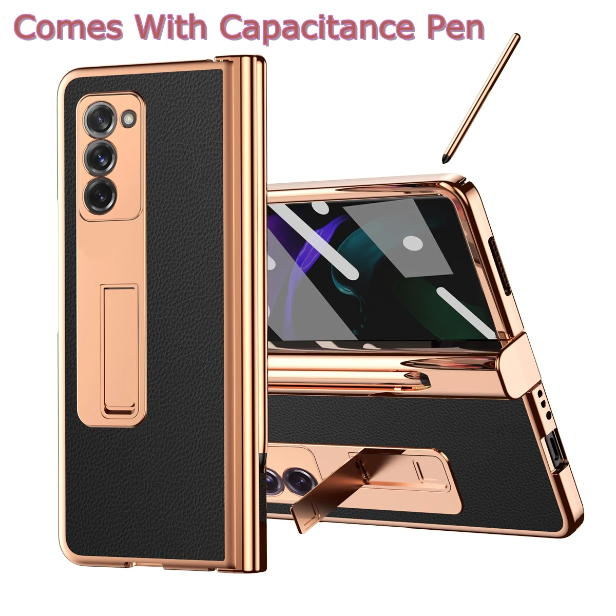 

Luxury Plating Hinge Cover For Samsung Galaxy Z Fold 2 3 4 5G Capacitive Pen + Slot Kickstand Leather Cases With Screen Glass