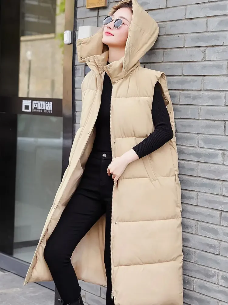 Vielleicht New Long Winter Cotton Vest  Jacket Women Warm Coat Hooded Zipper Sleeveless Overcoat Loose Bow Tie Sashes Waistcoat