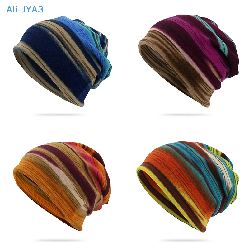

New Fashion Women Soft Hat Spring Autumn Warm Beanies Adult Sport Outdoor Casual Striped Hats Hip Hop Bonnet