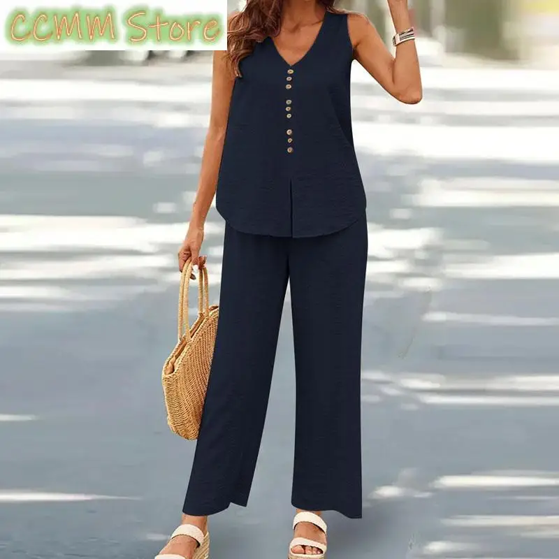 New Fashion Sleeveless Tank Top Button Wide Leg Pant Suits Lady V Neck Office Outfits Summer Female Streetwear Two Piece Sets