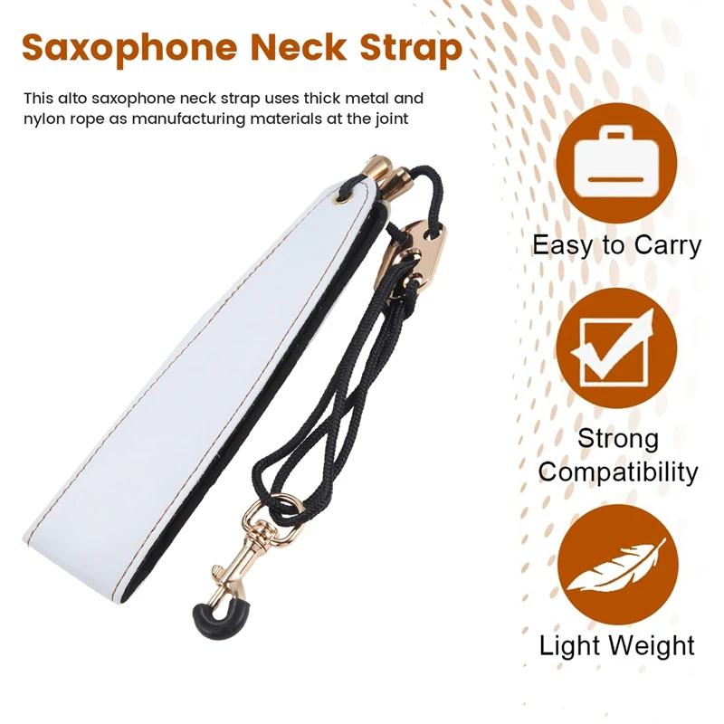 AA90-Saxophone Neck Strap, Alto Sax Neck Strap, Clarinet Strap White Leather Band