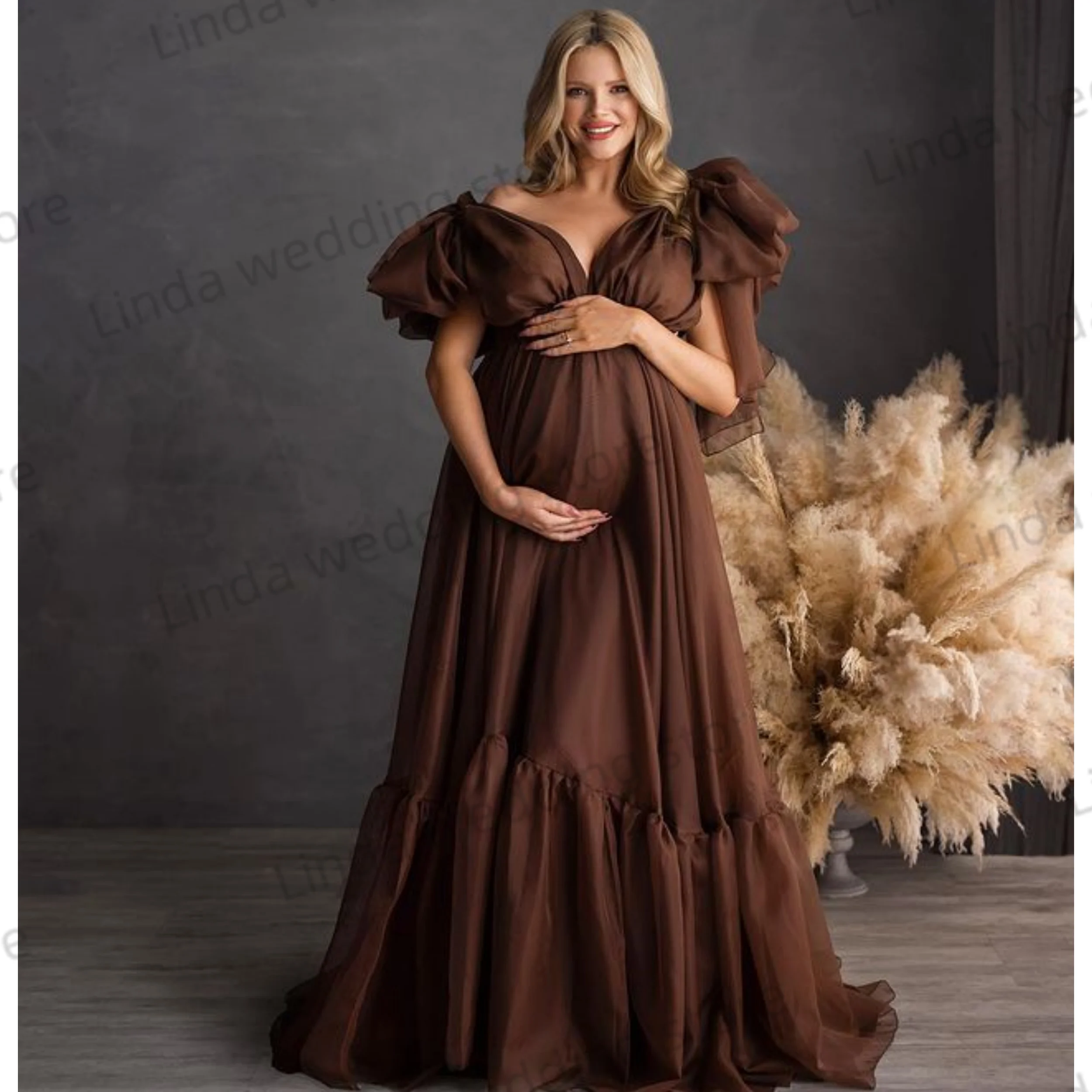 Chocolate Chiffon Maternity Dress for Photography Off Shoulder Pregnant Photoshoot Robe Photo Dresses Baby Shower