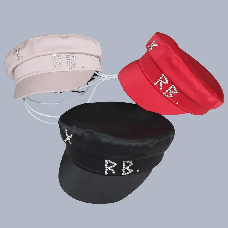 Women hats women military hat Trendy satin letters flat top military hats brand designer spring summer newsboy cap crystal baker boy hat visor