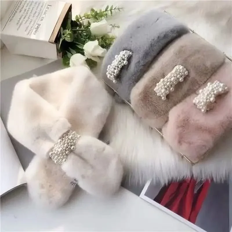 New Womens Winter Scarf Artificial Plush Pearl Thick Warm Cross Three-dimensional Hat Female