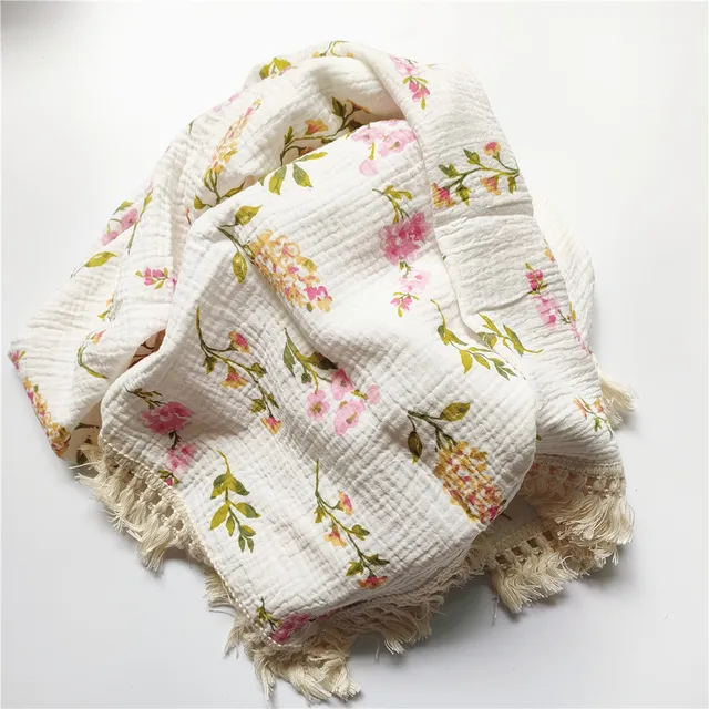 Cotton Muslin Swaddle Blankets for Newborn Baby Tassel Receiving Blanket New Born Swaddle Wrap Infant Sleeping Quilt Bed Cover Flower