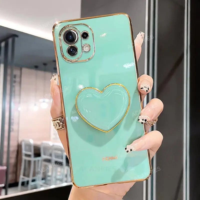Luxury Plating Love Heart Stand Phone Case - Cute Silicone Cover