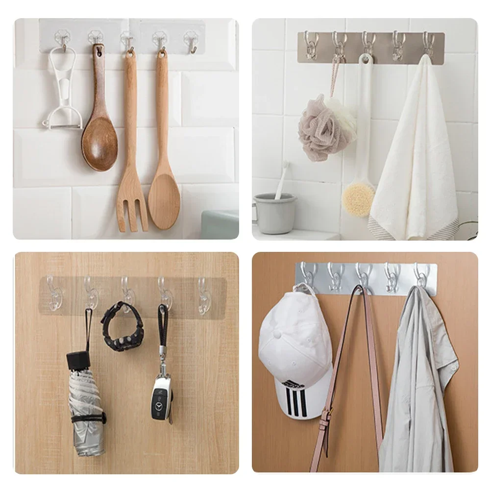 3/5/6 Row Transparent Hook Punch-Free Wall Strong Sticking Hook Holder for Hat Clothes Hanger Towel Holder Bathroom Storage Rack