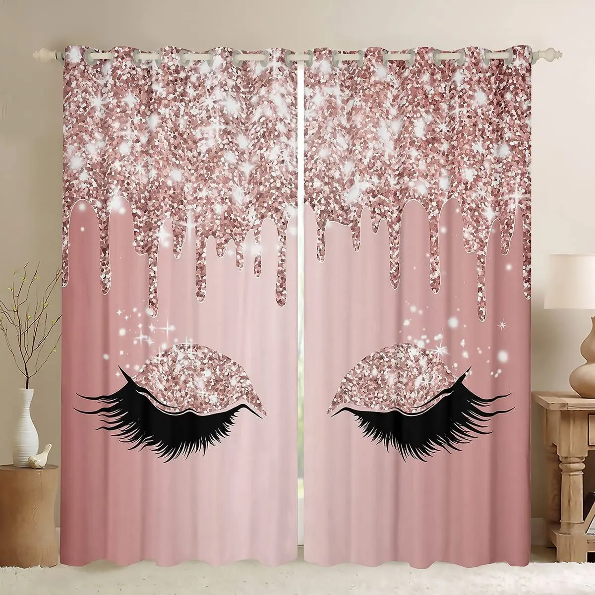 

3D Digital Printing Pink Eyelashes With Mackup Eyes 2 Piece Sunshade Window Curtains Bedroom Living Room