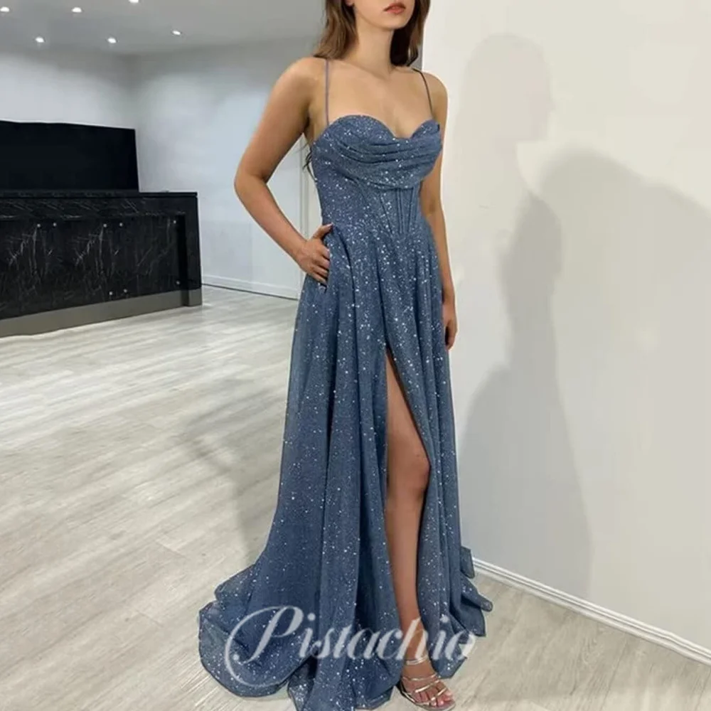 

Shiny Evening Dress Sweetheart Neck Spaghetti Straps Party Gowns Sexy A Line Split Prom Dresses For Women فساتين سهرة