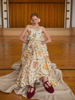 Gonna Lunga Elegante da Donna in 100% Lino con Stampa Floreale e Raffinata Decorazione in Pizzo