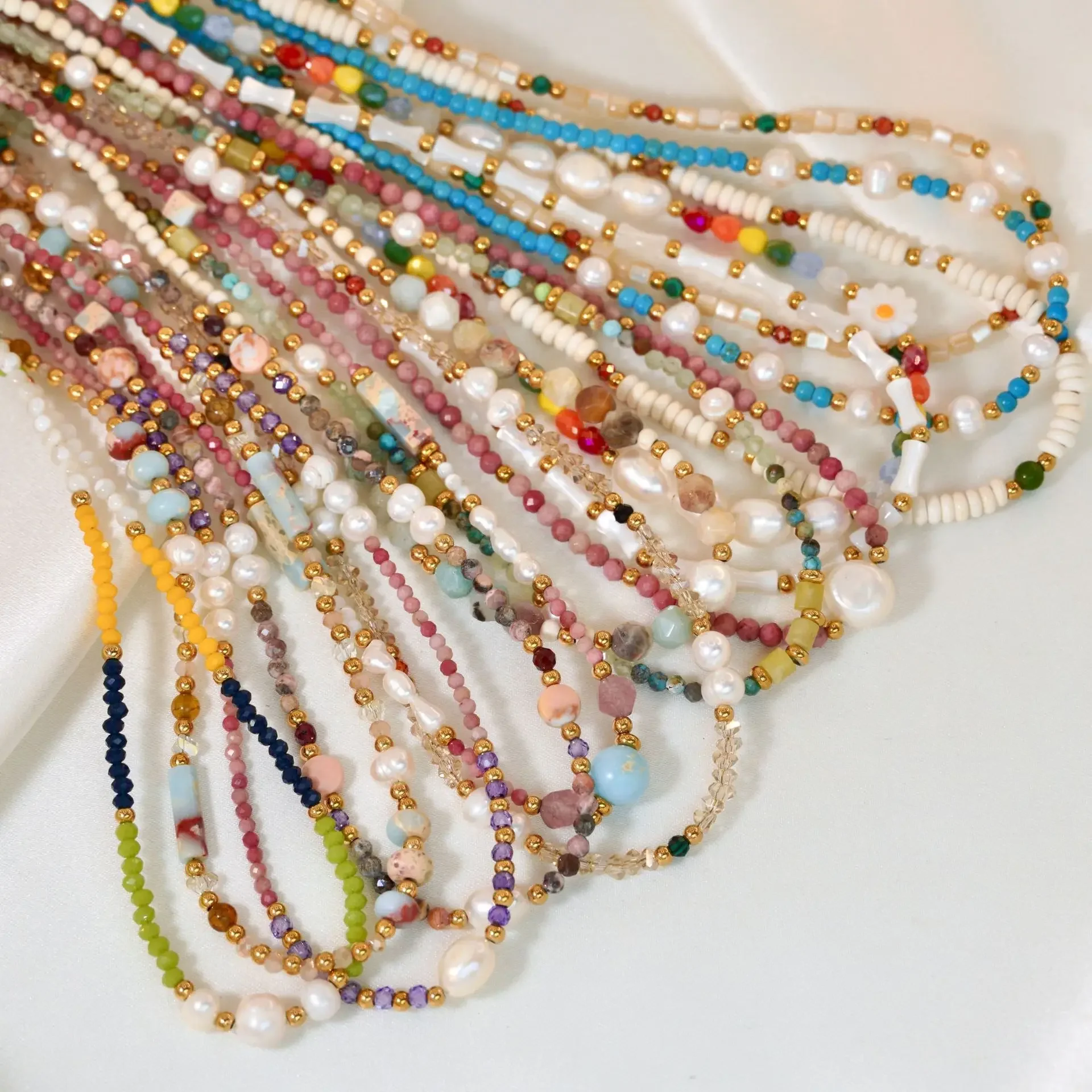 Fashion Colorful Natural Stone Pearl Crystal Beaded Necklace