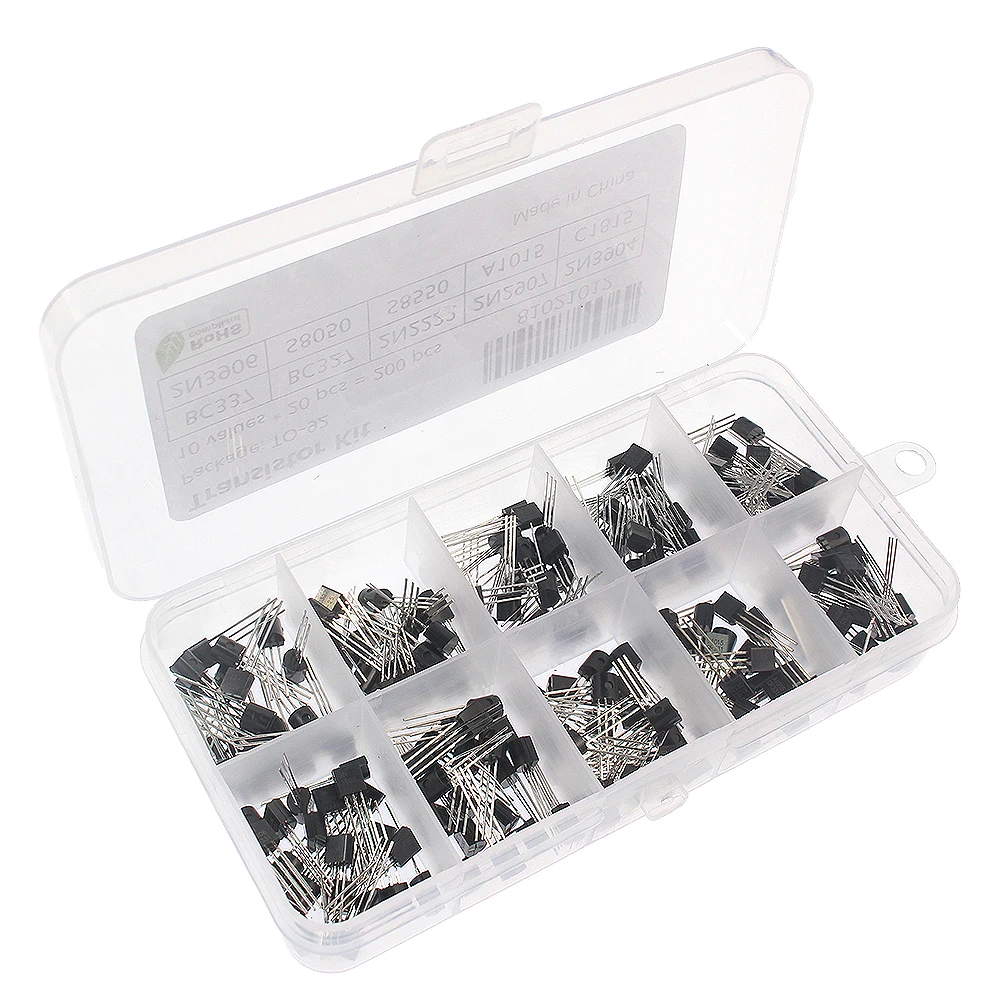 Transistors Kit 50-200PCS Assorted TO-92 2N2222 2N2907 2N3906 2N5401 2N5551 A1015 BC327 BC337 BC548 BC549 C1815 S8050 PNP NPN