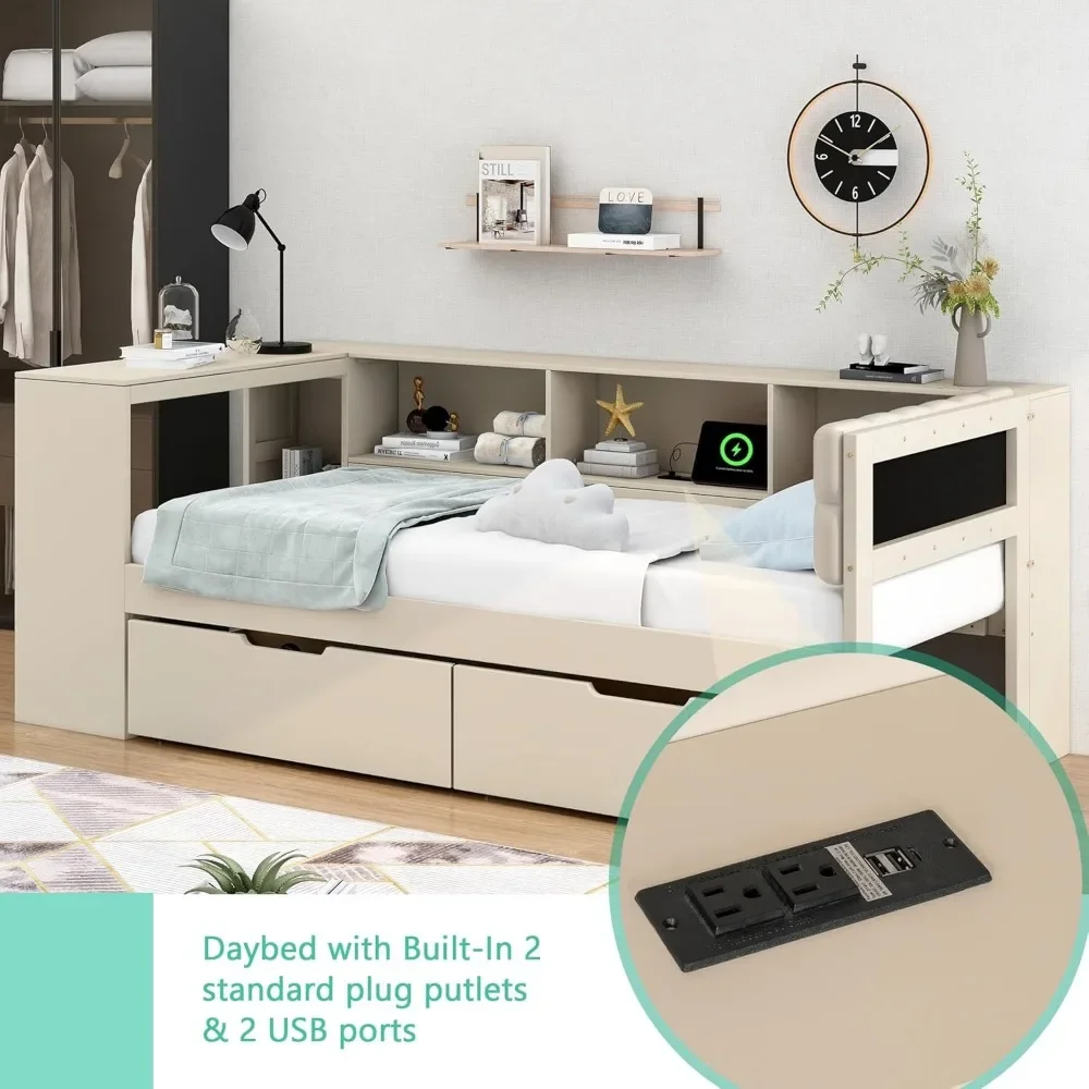 Full Size Wood Daybed with Storage Shelves Built in Desk Under Bed Drawers Charging Station and Upholstered Headboard 6