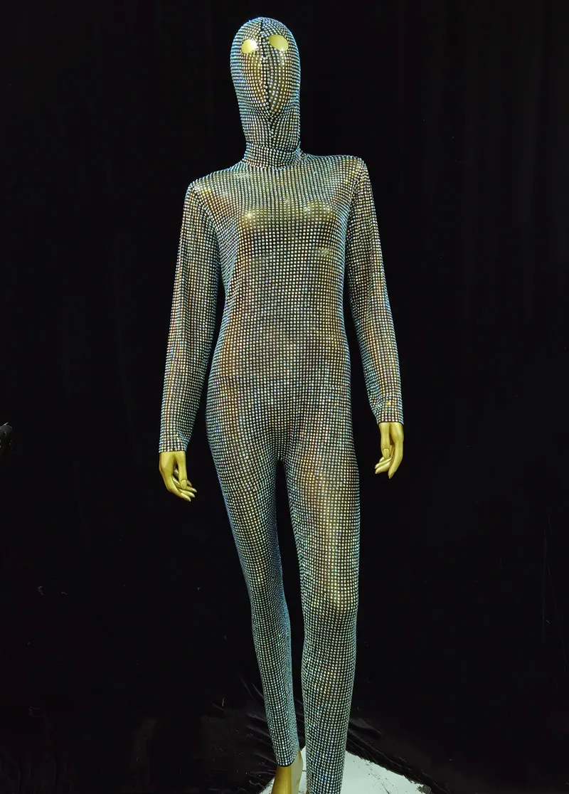 

Fashion Full Glisten Rhinestones MaskHeadpiece Jumpsuit long Sleeves Performance Party luxurious Costume Bodysuit Outfit