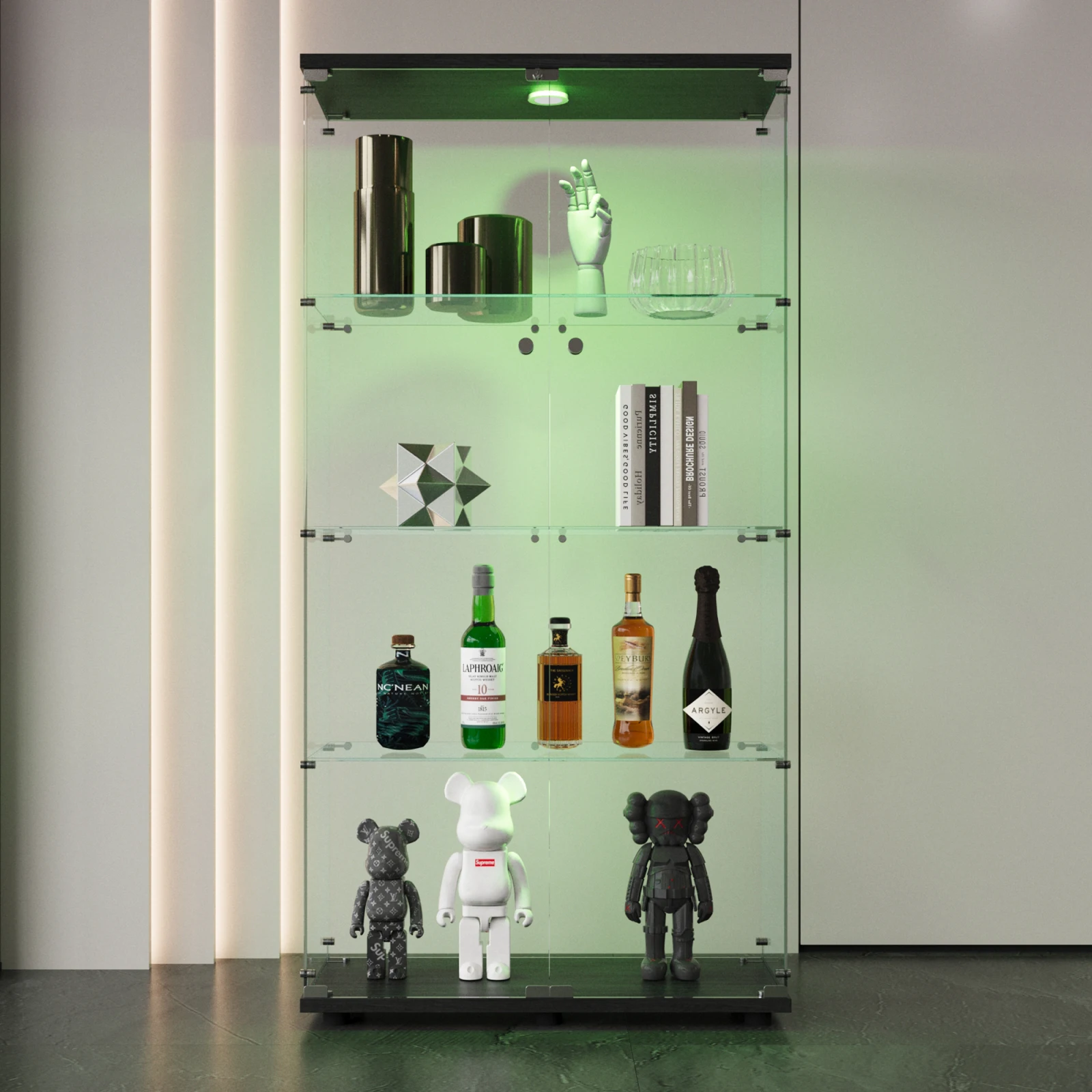 Two-door LED lights Glass Display Cabinet 4 Shelves with Door, Floor Standing Curio Bookshelf for Living Room Bedroom Office,