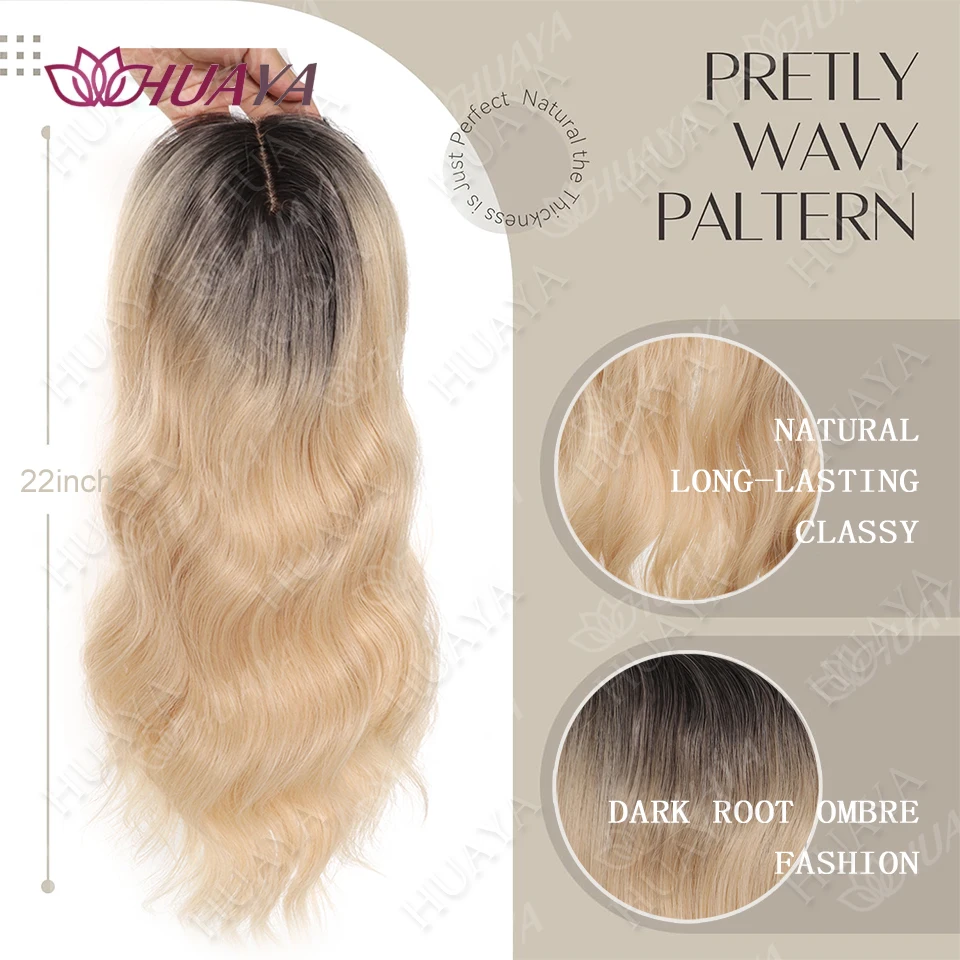 22 inch Synthetic Topper Wigs for Women Wave Head Top Hair Clip Topper Hair Extensions Middle-part Bangs with Front Small Lace