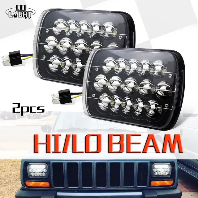 HL-Lampe de sauna de voiture à LED carrée, lumière drapée, faisceaux hauts et bas rectangulaires, Wrangler YJ, 105W, 6000K, H4, 5x7, 7x6 pouces 1