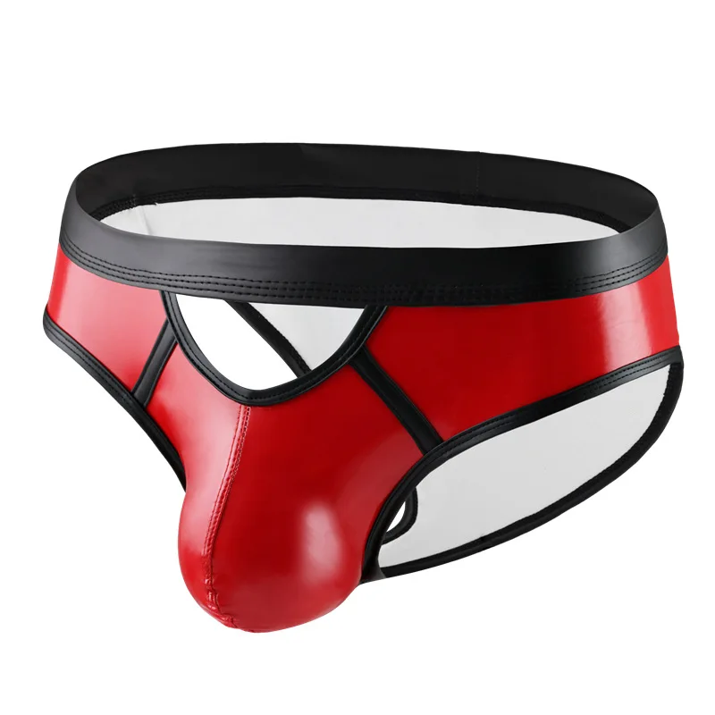 

Мужские трусы брифы из искусственной кожи, черные трусы в стиле пэчворк, сексуальное нижнее белье для мужчин, гей-трусы, внутренняя одежда