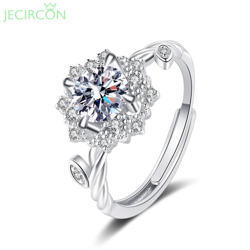 

JECIRCON 925 Sterling Silver Moissanite Ring for Women D Color 1ct Flower 4 Claws Simulated Diamond Luxury Wedding Band Jewelry