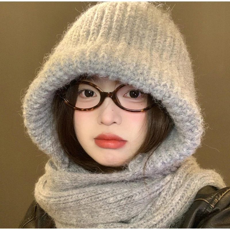 Heißer Verkauf Milch Tee Farbe Mit Kapuze Schal Hut Für Frauen Koreanische INS Stil Winter Faul Stil Warme Gestrickte Einfarbig schal Hut ﻿ – Detail 1
