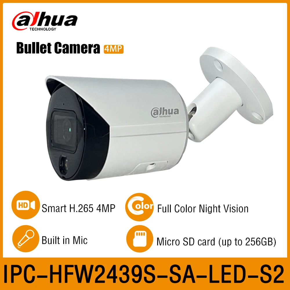 

Dahua IPC-HFW2439S-SA-LED-S2 4MP Lite Smart H.265 24 Hours Full-color IR 30M WDR Mini Bullet Network IP PoE Camera Built-in Mic