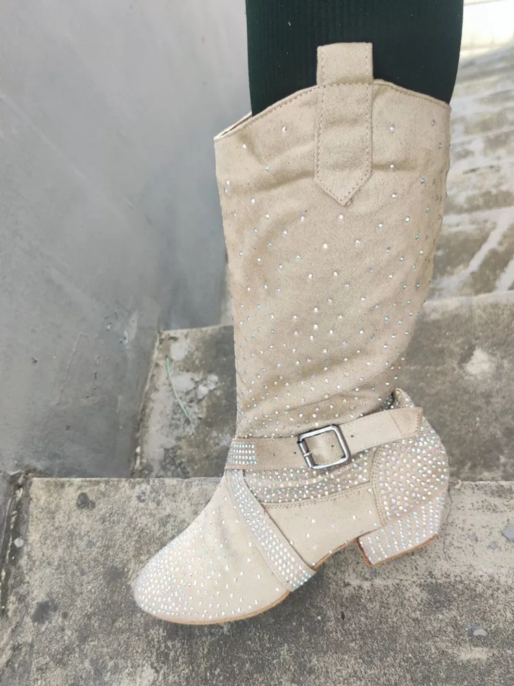 Practice OEM Latin Dance Boots Rhinestone Brown Soft Latin Salsa Ballroom Party Dancing Shoes Black Sport Party Dance Boot Shoes 2