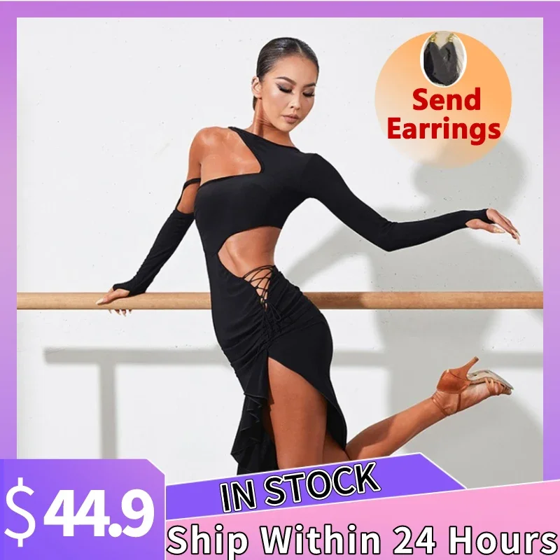 

ZYM Sexy Large Halter Cross-Tie Latin Dance Dress For Women Long Sleeved Slit Latin Dress Skirts Ballroom Performance Wear 5745