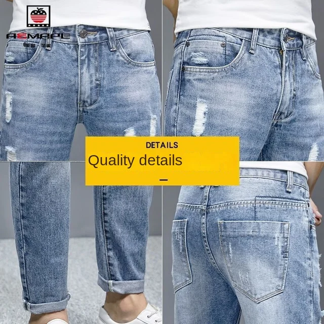 New Fashion Stylish Cowboy Men's Slim Casual Jeans with Ripped Distressed Holes Summer Streetwear Denim Broken Hole Pants Male 5