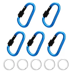 Aluminum Alloy Carabiner Keychain Set - 5-Piece Camping and Outdoor Hooks (D-5 Blue With Ring)
