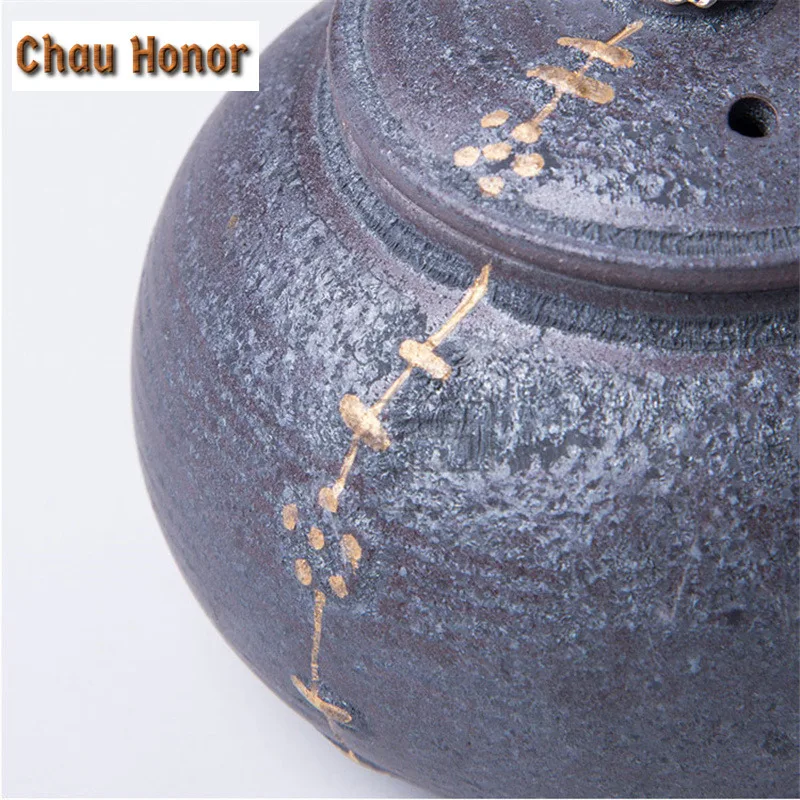 220ml Handmade Coarse Ceramic Side Handled Teapot Retro Outline In Gold Kiln Fambe Tea Maker Pu'er Tea Master Pot Gift Packaging