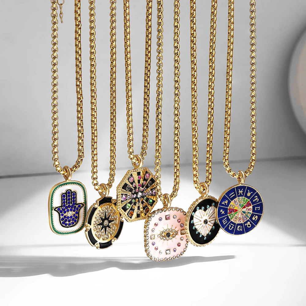 Boho CZ Zircon Geometric Polygon Heart Pendant Necklace for Women Gold Color Stainless Steel Long Chain Necklace Collar