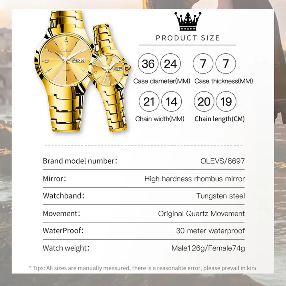 OLEVS Luxury Quartz Watches for Men Golden Tungsten Steel Strap Men's Watches Waterproof Luminous Date Week Business Wrist Watch 2