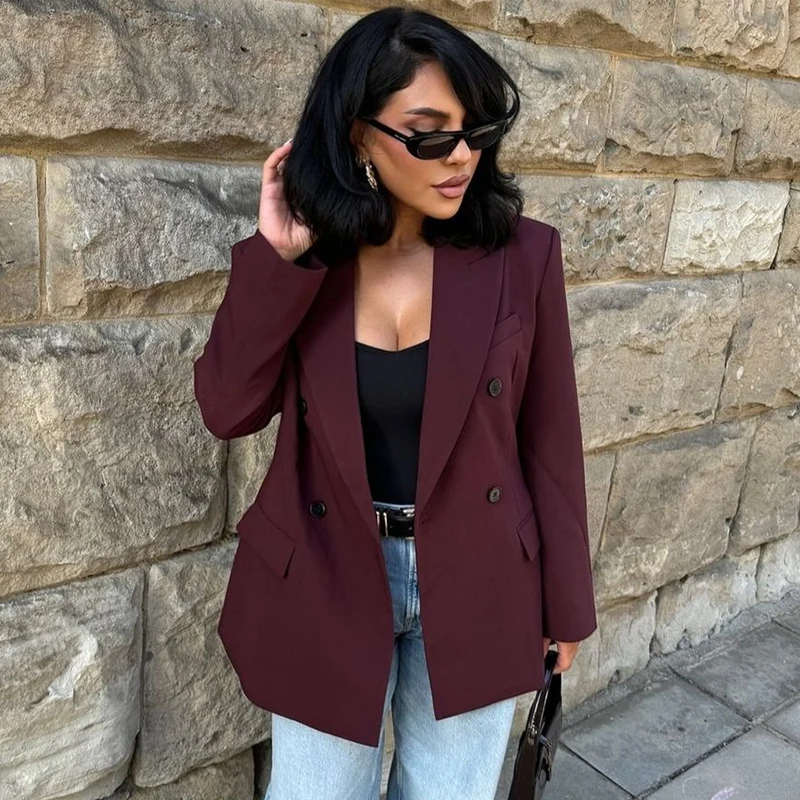 Fashion Burgundy Lapel Blazer Coat Women Elegant Double Breasted Full Sleeve Pocket Jacket Fall New Female Commute Outwear