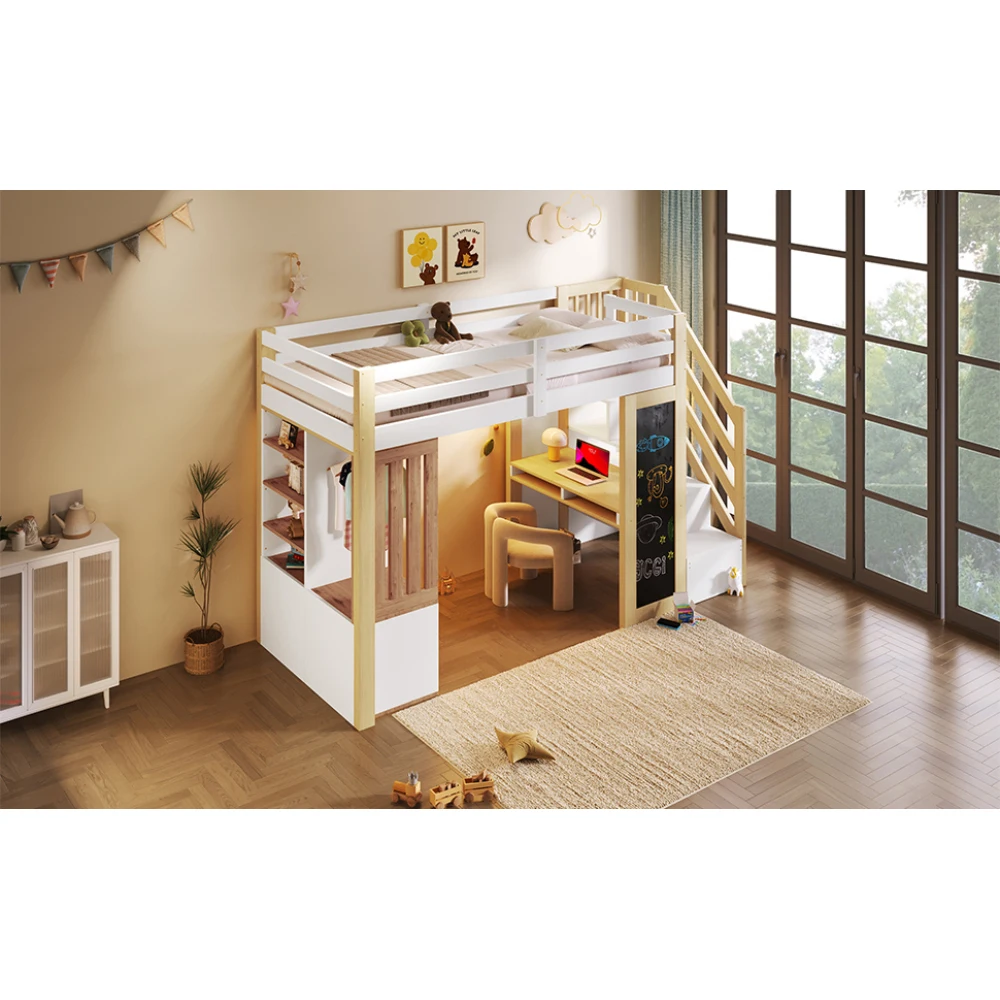 90*200cm Kinderbett mit Schreibtisch, Regalen und Kleiderschrank, Leiter, integrierte LED-Beleuchtung – Multifunktionsbett ohne Matratze – Detail 23