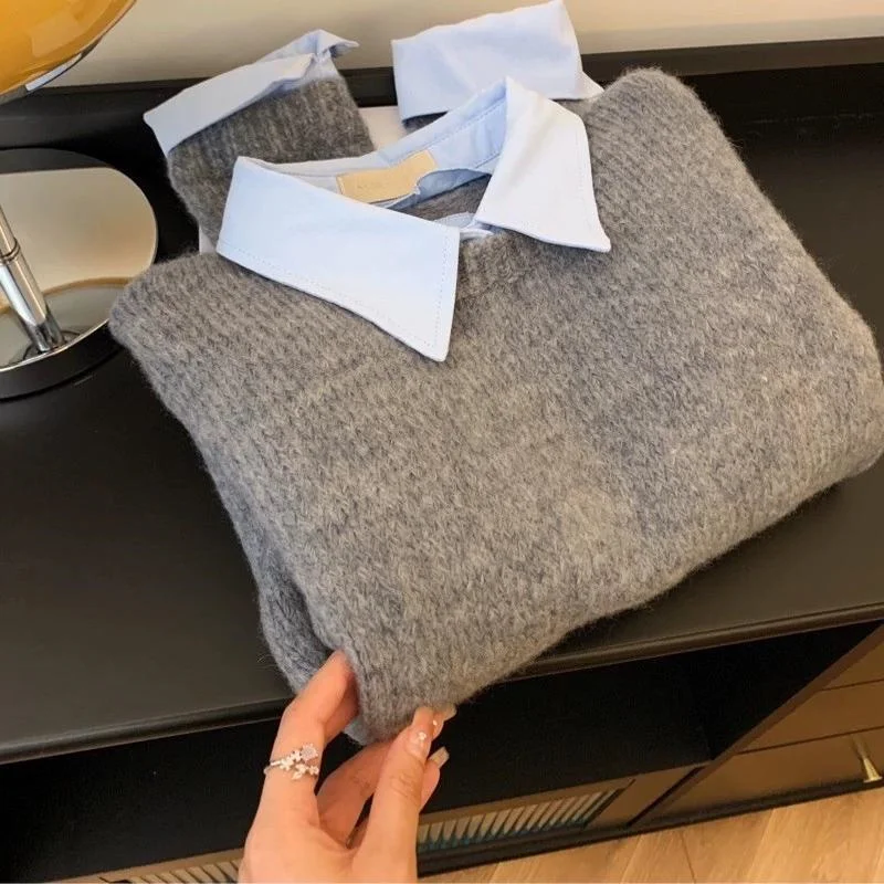 New Fake Two Shirts Collar Sweater Women's Autumn Contrasting Color Gray Knit Sweater Pullover Sweaters Warm Knitwear Female 3