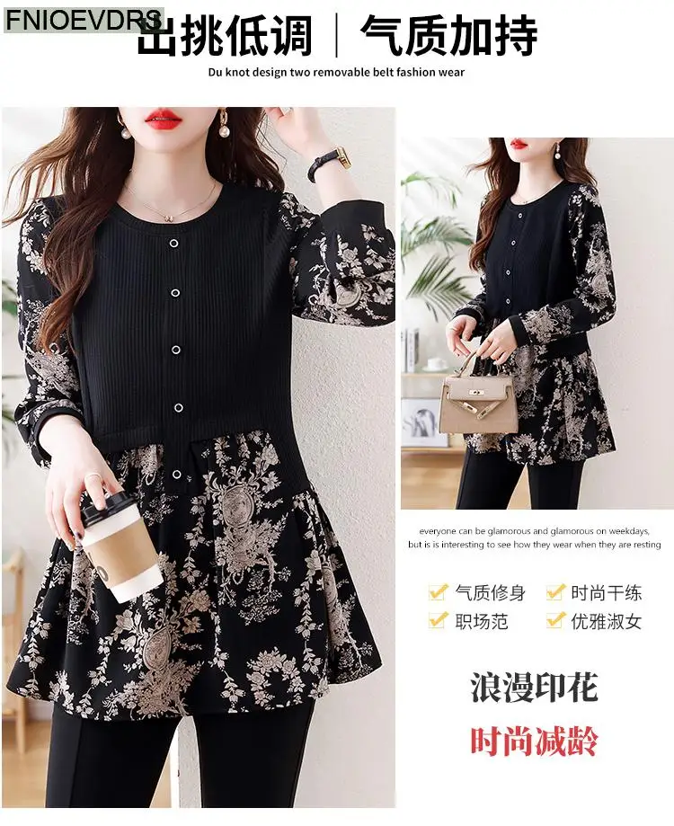 Loose Clothes Women 2024 Autumn Long Elegant Office Lady Floral Shirts Casual Retro Vintage Ruffles Tunic Peplum Tops Blouses