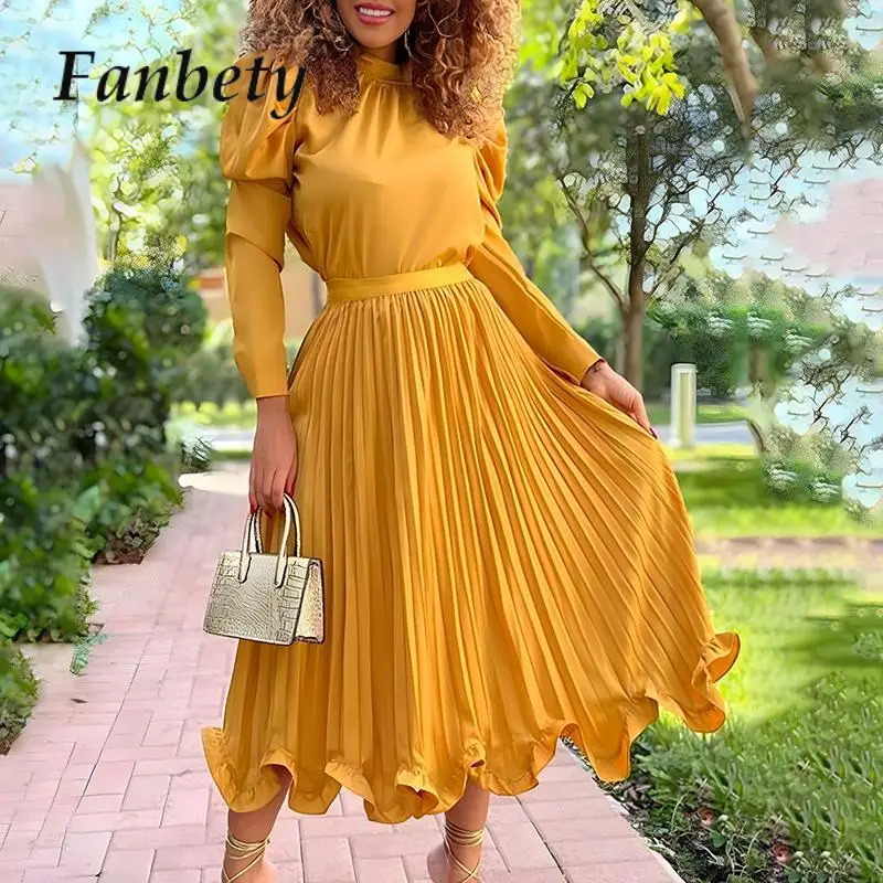 

Autumn Ladies O-Neck Puff Sleeve Blouses And Elegant Pleated Long Skirt Suits Office Commute Fashion Women Skirts Two Piece Sets