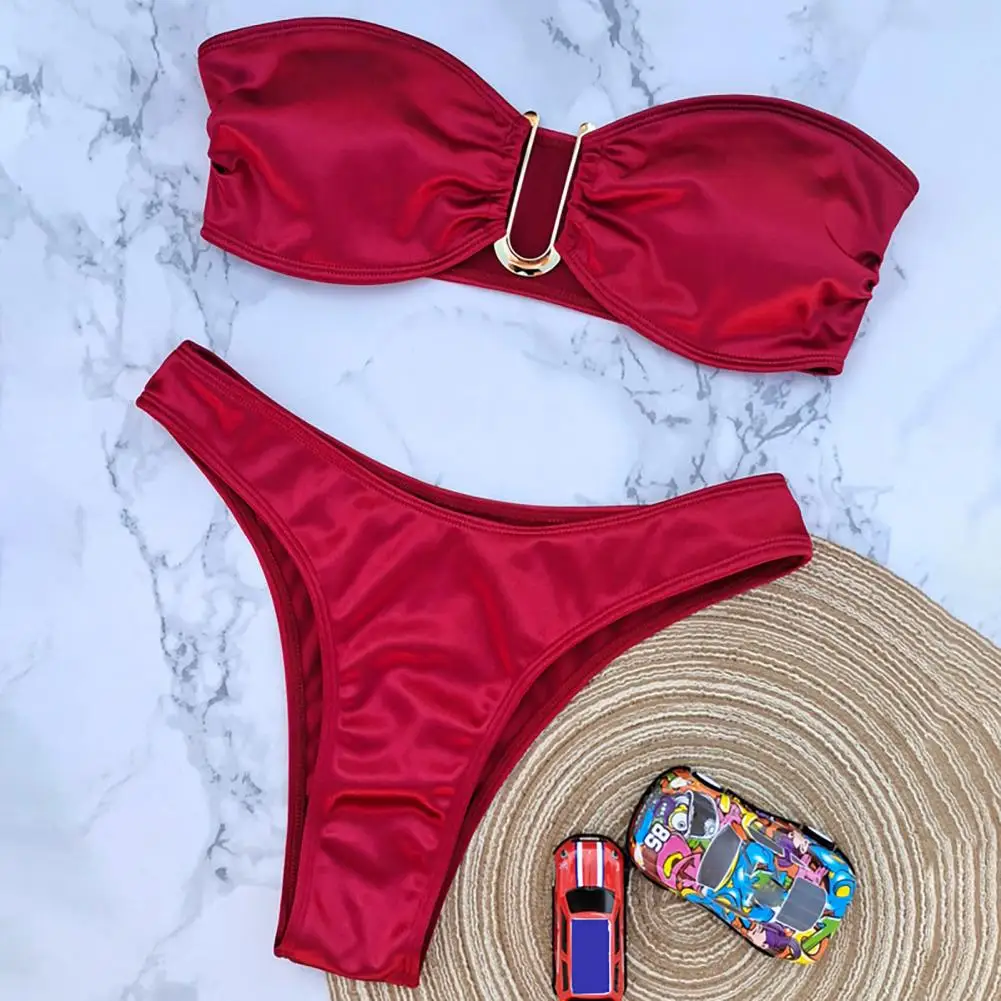 

Women Bikini Set Women Swimwear Off Shoulder Satin Bikini Set with Quick Dry Padded Wireless Swimsuit for Women Hot Spring