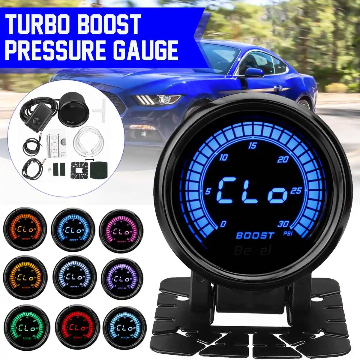 2'' 52mm Car Turbo Boost Pressure Gauge 030PSI 10 Color Digital LED