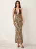 Women Sling Dress, Sleeveless Backless Flower/Leopard Print Summer Long Dress for Cocktail Party 3